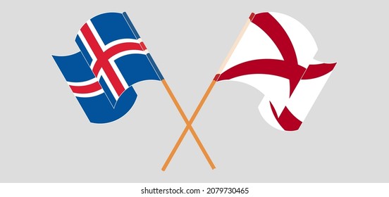 Crossed and waving flags of Iceland and The State of Alabama. Vector illustration
