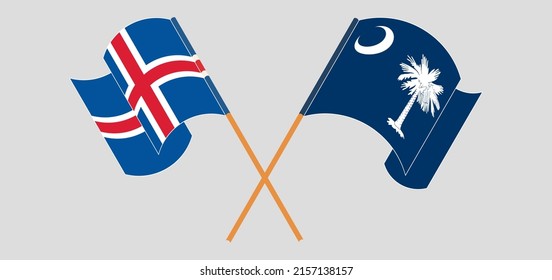 Crossed and waving flags of Iceland and The State of South Carolina. Vector illustration
