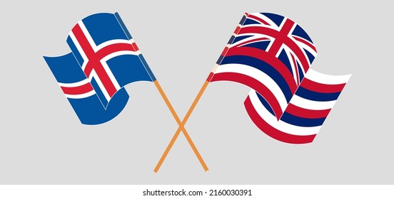 Banderas cruzadas y ondeando banderas de Islandia y del Estado de Hawaii. Ilustración del vector
