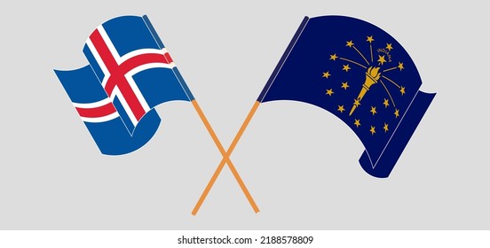 Cruzando y ondeando banderas de Islandia y el Estado de Indiana. Ilustración del vector
