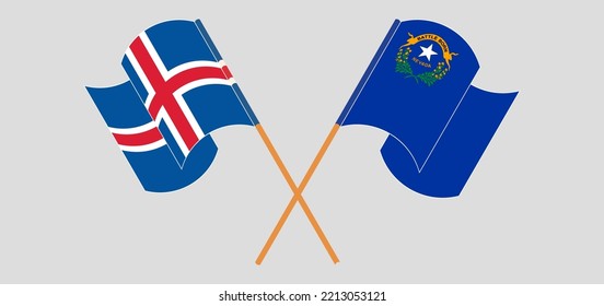 Crossed and waving flags of Iceland and The State of Nevada. Vector illustration
