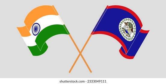 Crossed and waving flags of India and Belize. Vector illustration
