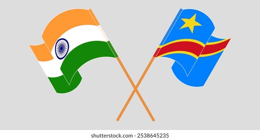 Crossed and waving flags of India and Democratic Republic of the Congo. Vector illustration.
