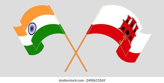 Crossed and waving flags of India and Gibraltar. Vector illustration
