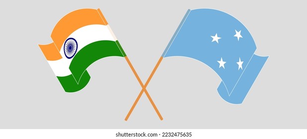 Crossed and waving flags of India and Micronesia. Vector illustration
