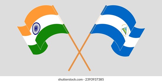 Crossed and waving flags of India and Nicaragua. Vector illustration
