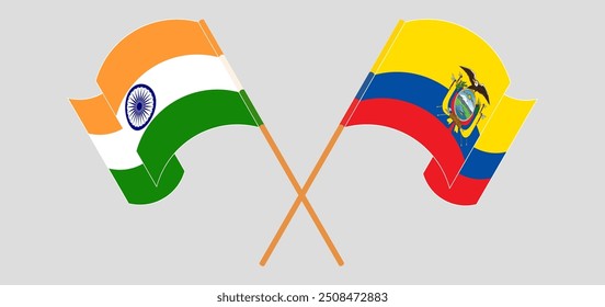 Banderas cruzadas y ondeando de India y República del Ecuador. Ilustración vectorial
