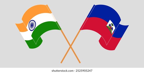 Bandeiras cruzadas e acenando da Índia e da República do Haiti. Ilustração vetorial.
