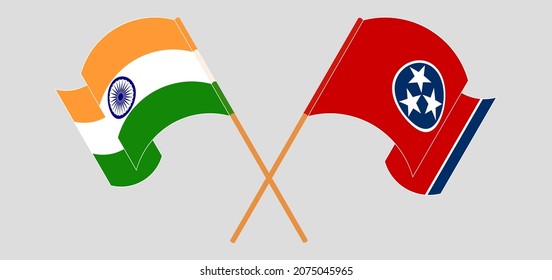 Cruzando y ondeando banderas de India y El estado de Tennessee. Ilustración del vector