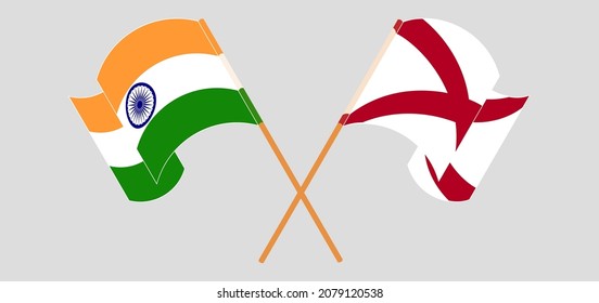 Crossed and waving flags of India and The State of Alabama. Vector illustration
