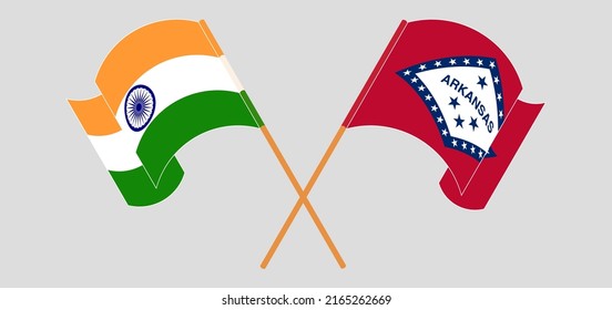 Überquerte und wehende Flaggen von Indien und dem Bundesstaat Arkansas. Vektorgrafik
