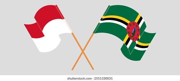 Crossed and waving flags of Indonesia and Dominica. Vector illustration.
