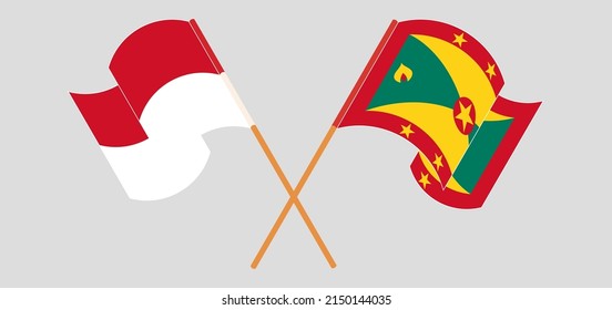 Crossed and waving flags of Indonesia and Grenada. Vector illustration

