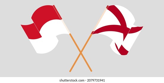 Crossed and waving flags of Indonesia and The State of Alabama. Vector illustration
