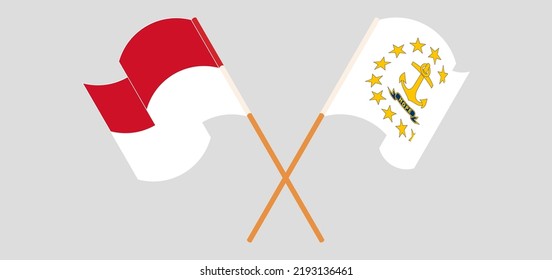 Überquerte und schwellende Flaggen Indonesiens und des Staates Rhode Island. Vektorgrafik
