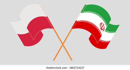 Crossed and waving flags of Iran and Poland