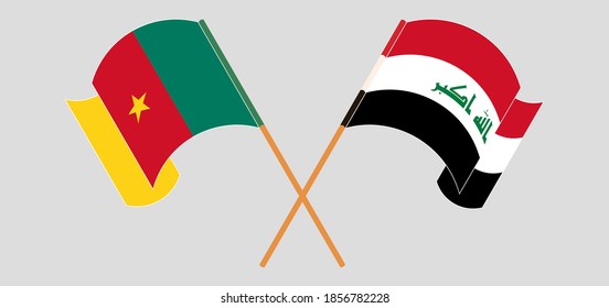 Crossed and waving flags of Iraq and Cameroon