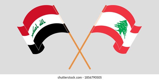 Crossed and waving flags of Iraq and Lebanon