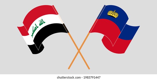 Crossed and waving flags of Iraq and Liechtenstein