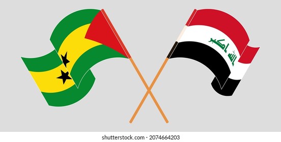 Crossed and waving flags of Iraq and Sao Tome and Principe. Vector illustration