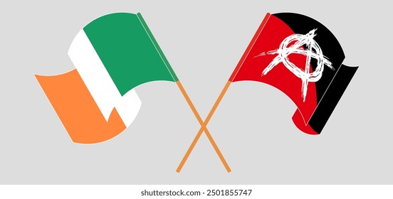 Crossed and waving flags of Ireland and Anarchy. Vector illustration
