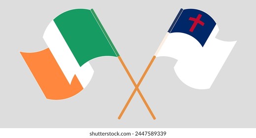 Crossed and waving flags of Ireland and christianity. Vector illustration
