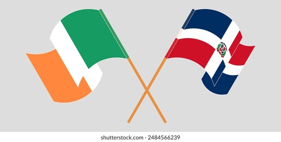 Crossed and waving flags of Ireland and Dominican Republic. Vector illustration
