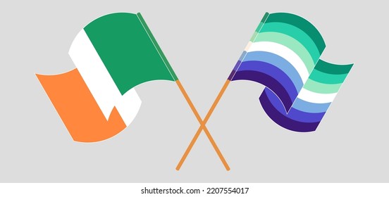 Crossed and waving flags of Ireland and gay men pride. Vector illustration
