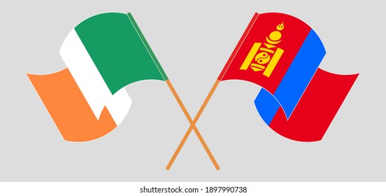Crossed and waving flags of Ireland and Mongolia