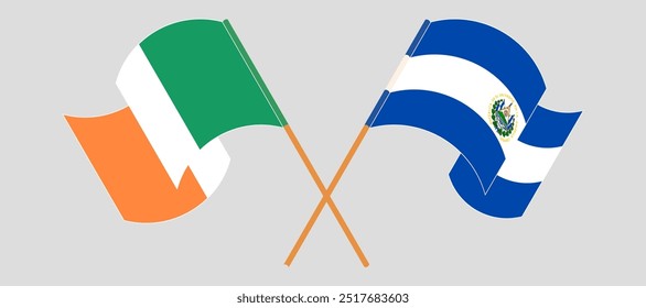 Bandeiras cruzadas e acenando da Irlanda e República de El Salvador. Ilustração vetorial.
