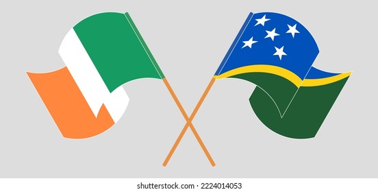 Crossed and waving flags of Ireland and Solomon Islands. Vector illustration
