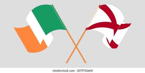 Crossed and waving flags of Ireland and The State of Alabama. Vector illustration
