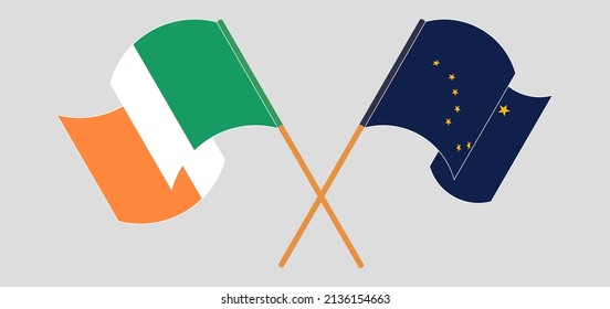 Crossed and waving flags of Ireland and the State of Alaska. Vector illustration
