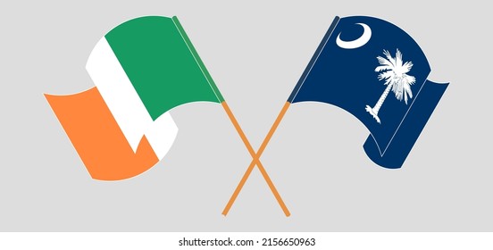 Crossed and waving flags of Ireland and The State of South Carolina. Vector illustration
