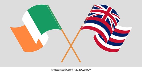 Crossed and waving flags of Ireland and The State Of Hawaii. Vector illustration
