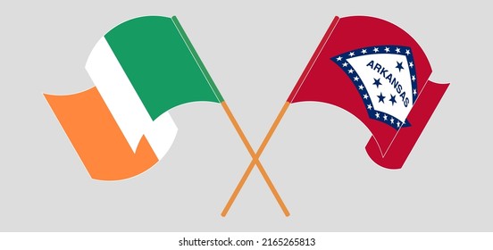 Crossed and waving flags of Ireland and The State of Arkansas. Vector illustration
