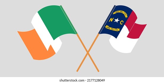 Crossed and waving flags of Ireland and The State of North Carolina. Vector illustration
