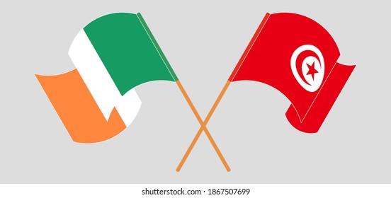 Crossed and waving flags of Ireland and Tunisia