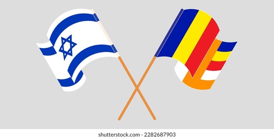 Crossed and waving flags of Israel and Buddhism. Vector illustration