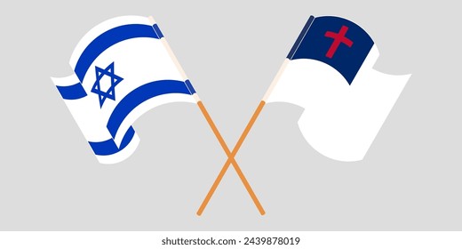 Crossed and waving flags of Israel and christianity. Vector illustration
