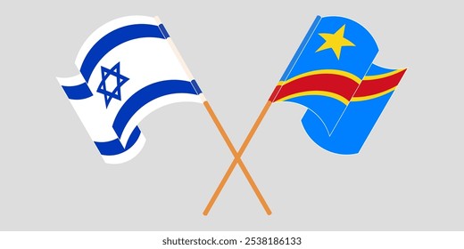 Crossed and waving flags of Israel and Democratic Republic of the Congo. Vector illustration.
