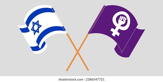 Crossed and waving flags of Israel and Feminism. Vector illustration
