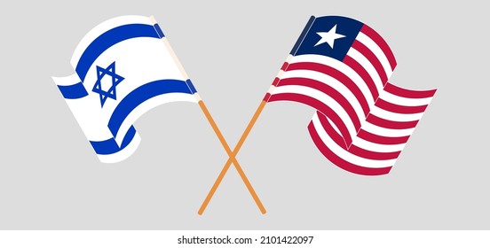 Crossed and waving flags of Israel and Liberia. Vector illustration
