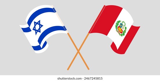 Crossed and waving flags of Israel and Peru. Vector illustration
