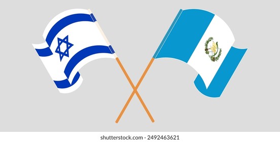 Cruzada y ondeando banderas de Israel y la República de Guatemala. Ilustración vectorial
