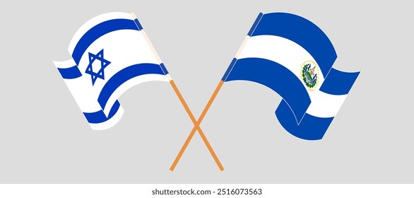 Bandeiras cruzadas e acenando de Israel e da República de El Salvador. Ilustração vetorial.
