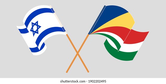 Crossed and waving flags of Israel and Seychelles