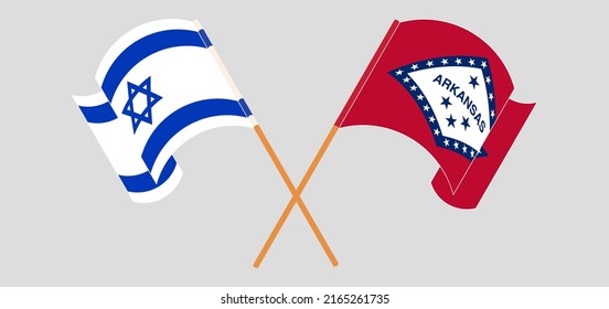 Crossed and waving flags of Israel and The State of Arkansas. Vector illustration
