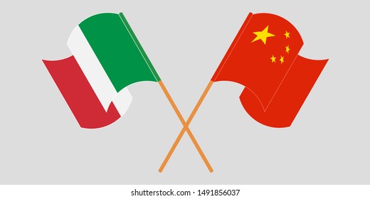 Crossed and waving flags of Italy and China. Vector illustration