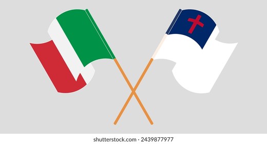 Crossed and waving flags of Italy and christianity. Vector illustration
